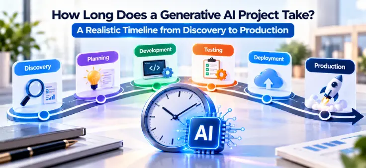 Generative AI project timeline from discovery and planning to development, testing, deployment, and production
